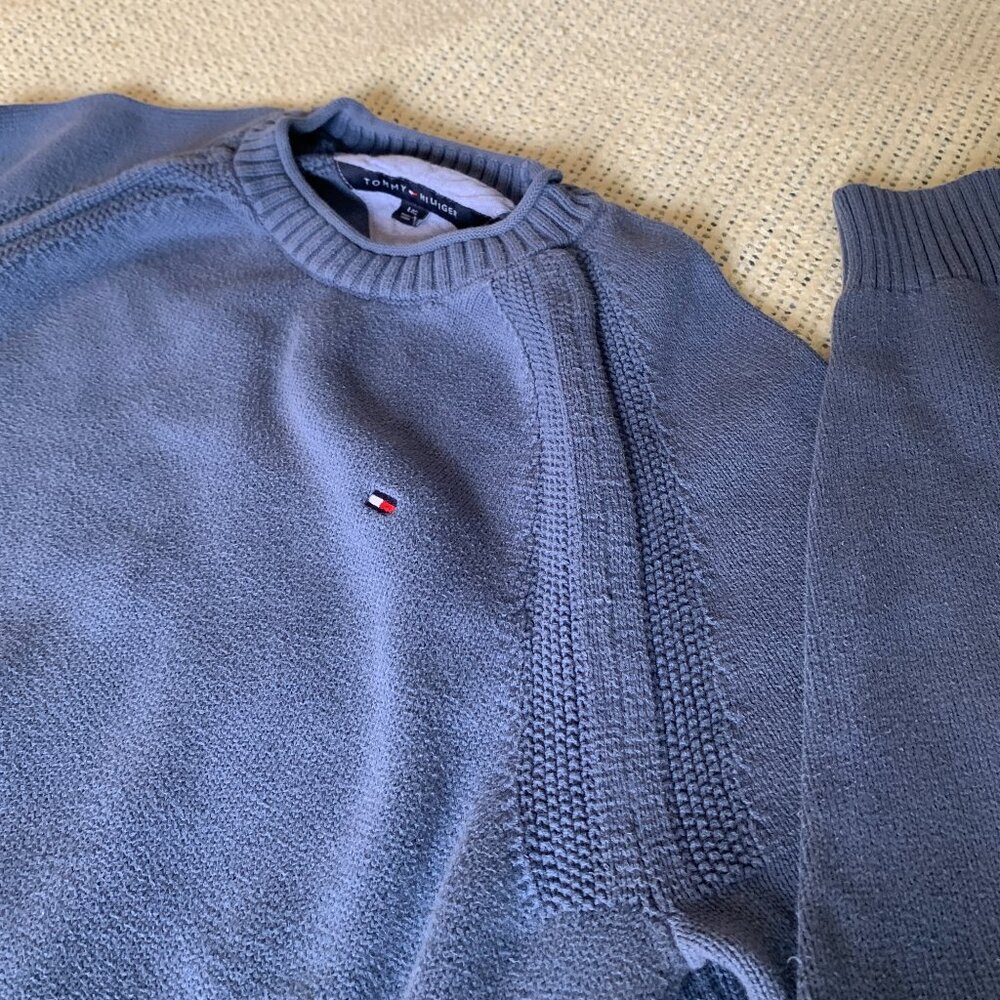Tommy Hilfiger Muted Blue 100% Cotton Knit Crewneck Sweater Size Medium-Large